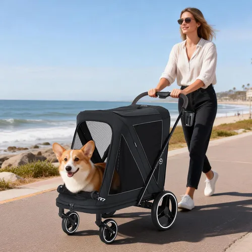 Vista 9 de Beberoad Cochecito para mascotas para perros medianos, cochecito plegable de un segundo, R7 todo terreno con neumáticos ER, malla de doble ventana