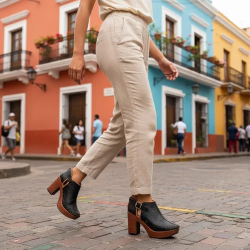 Vista 15 de Botines de piel auténtica grabados mexicanos con correa para mujer - Modelo 490