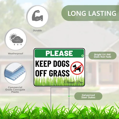 Vista 2 de Letrero con estaca con estaca con texto en inglés "Keep Dogs Off Lawn con estaca", plástico corrugado, con texto en inglés "Please Keep Dogs Off