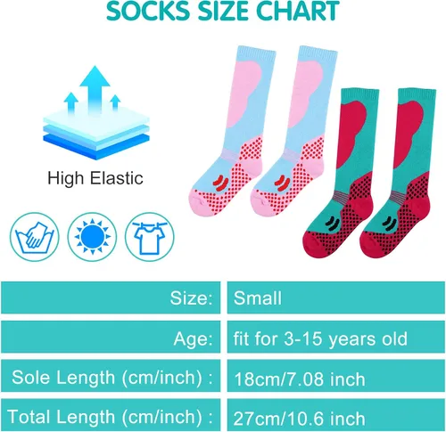 Vista 6 de Calcetines de esquí para niños, 2 pares de calcetines de esquí cálidos y largos hasta la rodilla, para nieve, invierno, esquí, snowboard, patinaje