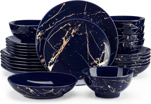 Vista 13 de Juegos de platos y tazones LOVECASA para 4, juegos de vajilla de porcelana de 12 piezas, juego de vajilla negro y dorado, juego de vajilla