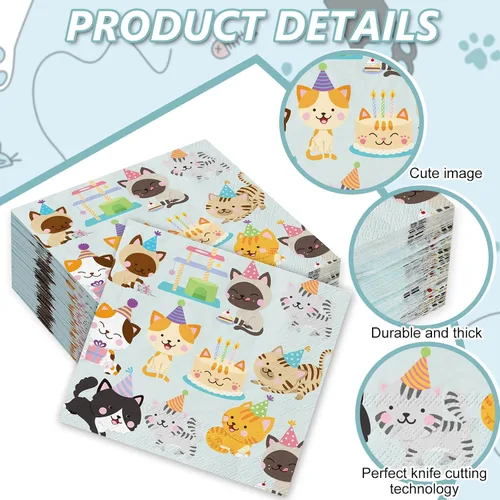 Vista 3 de JarThenaAMCS 100 hojas de servilletas de fiesta de gatos de 5 x 5 pulgadas, desechables para gatitos, servilletas de papel de cóctel coloridas
