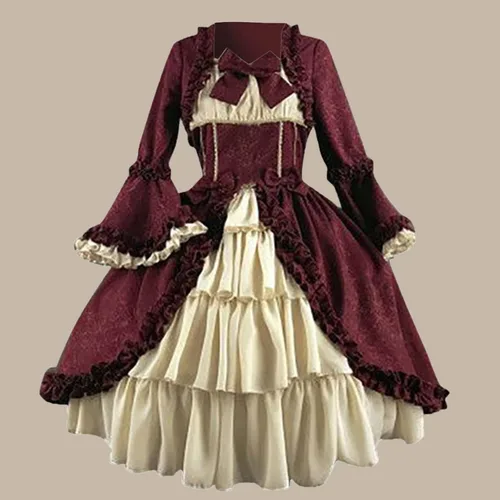 Vista 5 de uojfnhb Women's Halloween Gothic Lolita Dresses Medieval Retro Costume Square Neck Splicing Bow Tie Flare Long Sleeve Dress