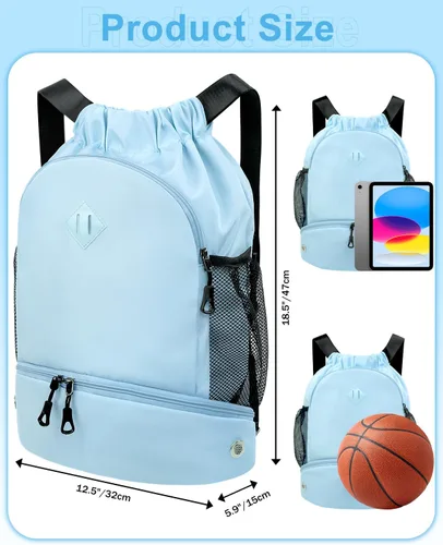 Vista 6 de Mochila de gimnasio con cordón y compartimento para zapatos para hombres y mujeres, bolsa deportiva de cuerda con bolsillo húmedo, bolsa de playa