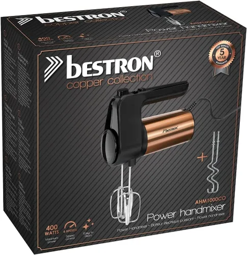 Vista 6 de Bestron AHM1000CO Electric Hand Mixer with 2 Beaters and 2 Dough Hooks, 6 Levels, 400W, Black/Copper, Plastic