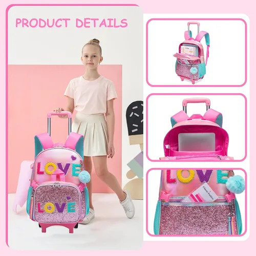 Vista 12 de Mochila con ruedas para niñas, mochila escolar con ruedas, bolsa escolar con bolsa de almuerzo y bolsa para lápices, mochila con ruedas para niños