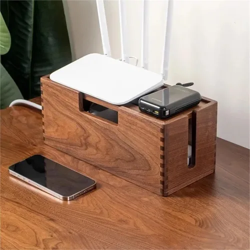 Vista 6 de Wood Cable Box Organizer Power Strip Cord Storage Desktop Wire Hider Home Office Router for TV Wires, Computer(Large Black Walnut)
