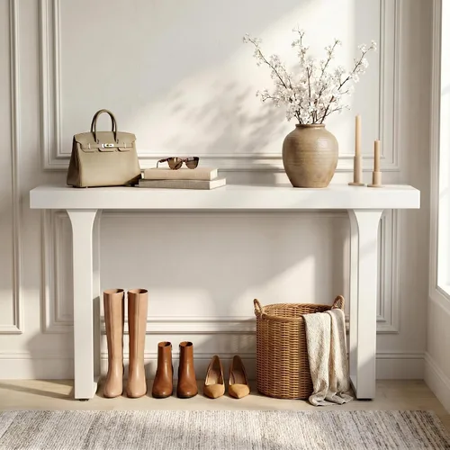 Vista 9 de Mesa de consola estrecha de bambú de 47.2" (120 cm), mesa auxiliar de madera estilo granja, mesa rectangular de entrada, mesa de sofá moderna detrás