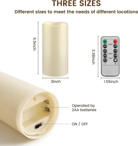Vista 9 de Velas sin llama impermeables con control remoto 2PACK (D3''*H5.5'') Vela de pilar LED parpadeante que funciona con pilas, de plástico con Paquete