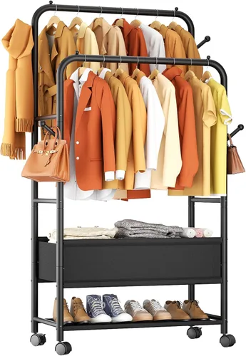 Vista 10 de Furologee - Percheros enrollables para colgar ropa, con dobles varillas, con ruedas, perchereros resistentes, perchero metálico portátil