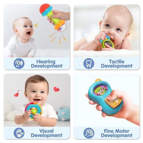 Vista 2 de iPlay, iLearn Juego de 10 sonajeros para bebés, juguetes, sonajero fácil de agarrar y sacudir, mordedor sensorial, juguete musical de aprendizaje