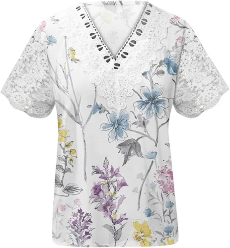 Vista 3 de Blusas de manga corta con cuello en V para mujer, elegante blusa informal con encaje y cuello en V