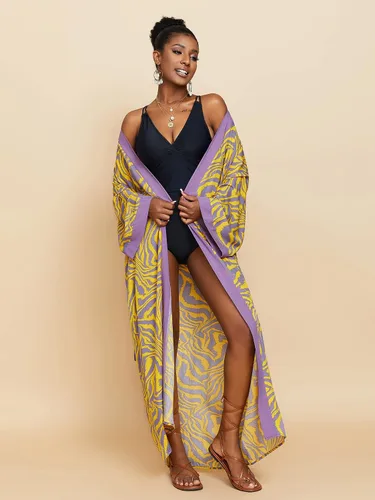 Vista 5 de RanRui Kimono de playa con estampado de cebra amarilla, holgado, frente abierto, bata de algodón, bata de traje de baño para mujer, bata de plumero