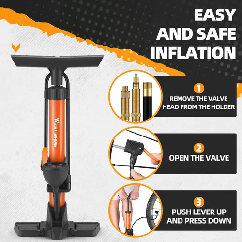 Vista 6 de Bomba de piso para bicicleta, bomba de bicicletas con manómetro, bomba de aire de bicicleta con alta presión de 160 psi, bomba de neumáticos