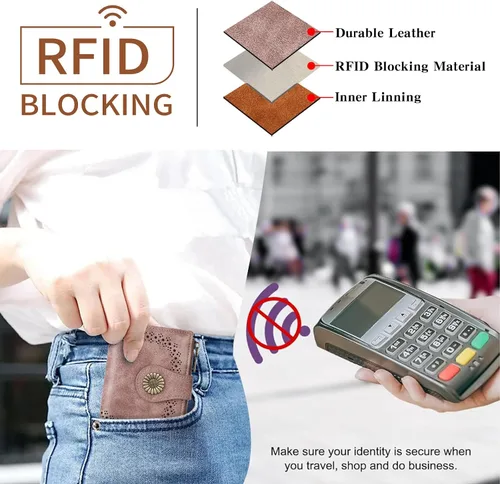 Vista 2 de SENDEFN - Carteras pequeñas para mujer, cartera plegable con bloqueo RFID, portatarjetas de cuero, monedero compacto con bolsillo para monedas