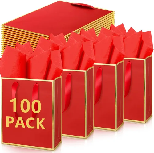Vista 19 de Yeaqee Paquete de 100 bolsas metálicas de regalo con asa y papel de seda de papel de seda dorado para graduación, boda, padrinos de boda, regalos