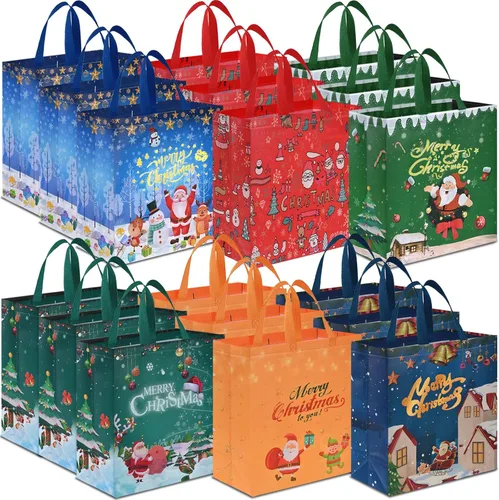 Vista 8 de AhfuLife 12 piezas bolsas de regalo de Navidad extra grandes, 15.7'' x 14.2'' x 5.9'', bolsas tipo tote de Navidad con asas, bolsa de compras B: 12