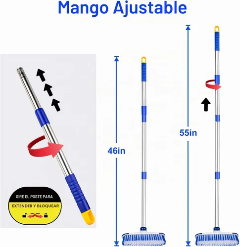Vista 2 de Cepillo de limpieza de suelo con mango largo, cepillo 2 en 1, escoba de cerdas rígidas y cepillo de limpieza para suelos de azulejos, terraza