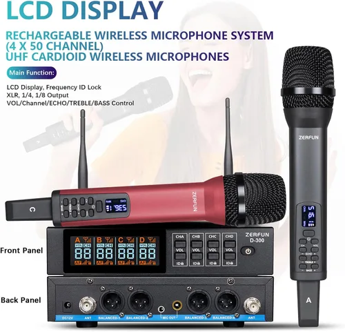 Vista 2 de Sistema de micrófono inalámbrico recargable de 4 canales Pro, micrófonos inalámbricos de mano UHF con control VOL Echo Treble BASS, pantalla LCD