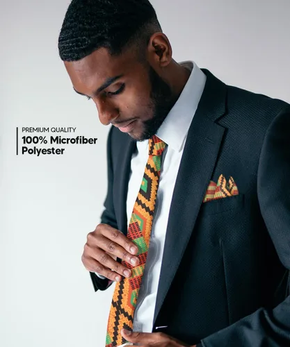 Vista 36 de Juego de corbata Kente con estampado africano y animal y pañuelo de bolsillo a juego