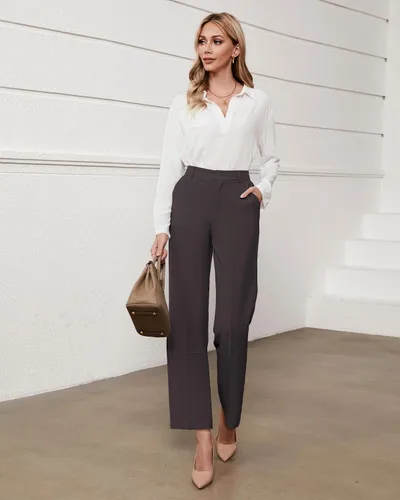 Vista 5 de GRAPENT Pantalones para mujer de trabajo de cintura alta, pantalones de vestir casuales de negocios, ajuste relajado, pierna recta, cintura elástica