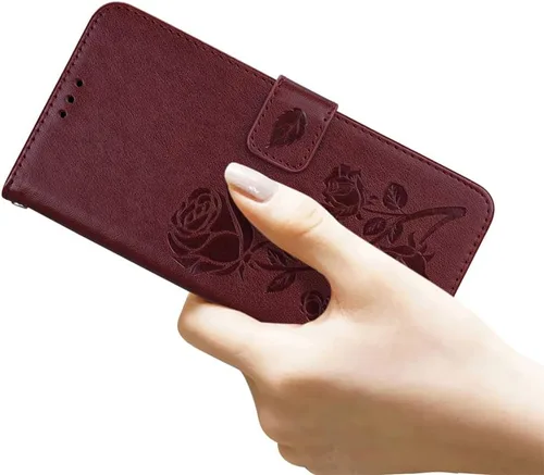 Vista 2 de CCSmall para Xiaomi Redmi Note 11 4G Wallet Flip Case w/Wrist Strap RS Marrón PU cuero 3D rosa flor relieve cubierta protectora con cierre