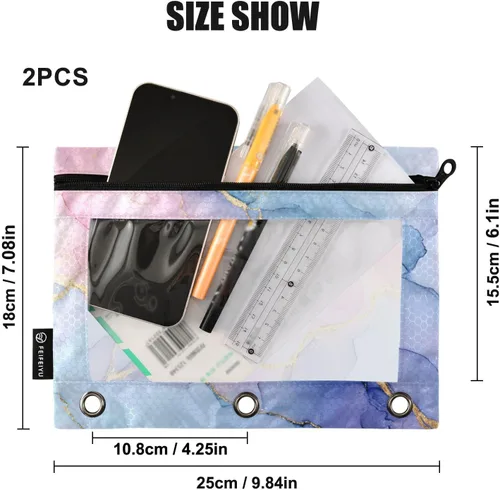 Vista 3 de SHJI Bolsas para carpetas, bolsa de lápices de mármol rosa y azul para carpeta de 3 anillas, paquete de 2 bolsas transparentes con cremallera