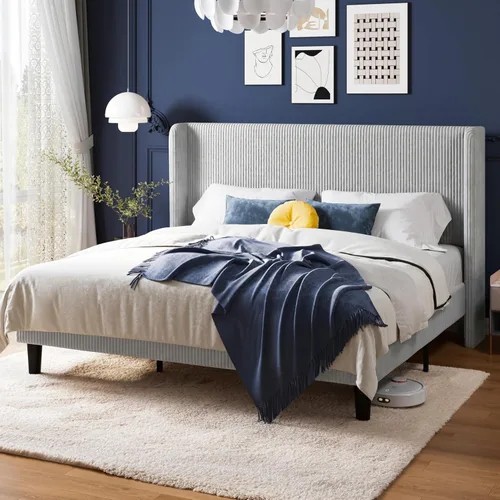 Vista 21 de Allewie Marco de cama tamaño completo con cabecera tapizada tipo wingback, cama plataforma de terciopelo de pana con capitoné de canales verticales