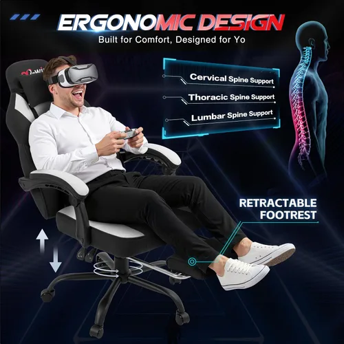 Vista 4 de Silla de juegos para adultos con reposapiés y soporte lumbar de masaje, silla ergonómica de respaldo alto, sillas giratorias ajustables
