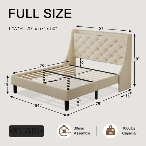 Vista 2 de Einhomn Base de cama de tamaño matrimonial con cabecera de almacenamiento copetuda con botones en la parte trasera y puertos tipo CA, plataforma