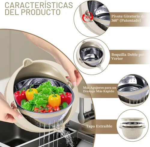 Vista 3 de Juego de colador 4 en 1 con tazón, cuenco colador giratorio de 360° patentado con 3 ralladores, tapa a presión y base antideslizante, divertido Beige