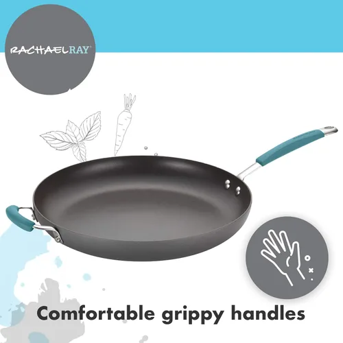 Vista 4 de Rachael Ray Cucina - Sartén antiadherente con mango auxiliar y proceso de anodizado duro., 14", azul/gris(Gray with Blue Handles)