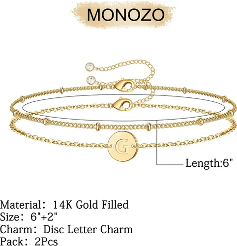 Vista 2 de MONOZO - Pulseras con iniciales para mujeres y niñas, delicadas con cuentas de oro de 14 quilates, personalizadas, 26 letras del alfabeto