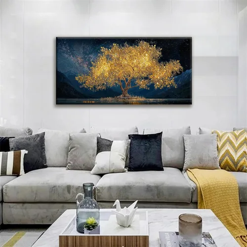 Vista 2 de Tsomzxng Arte Moderno de Lienzo para Decoración de Pared Impresiones de Pinturas Paisaje Dorado del Árbol de la Vida Impresiones de Pintura
