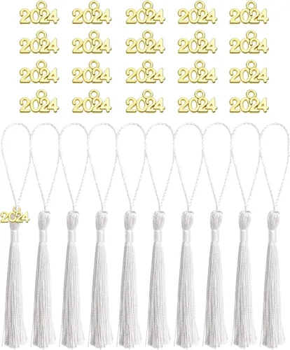 Vista 9 de Tupalizy 10 mini borlas sedosas hechas a mano con 20 dijes del año 2024 para graduación, llavero, aretes, joyería, regalos de boda, recuerdos, Negro