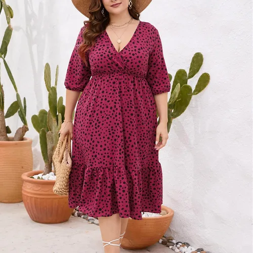 Vista 3 de Vestidos de talla grande para mujer, 2023 para primavera y verano, vestido de playa floral, elegante, romántico, con dobladillo fruncido, vestido