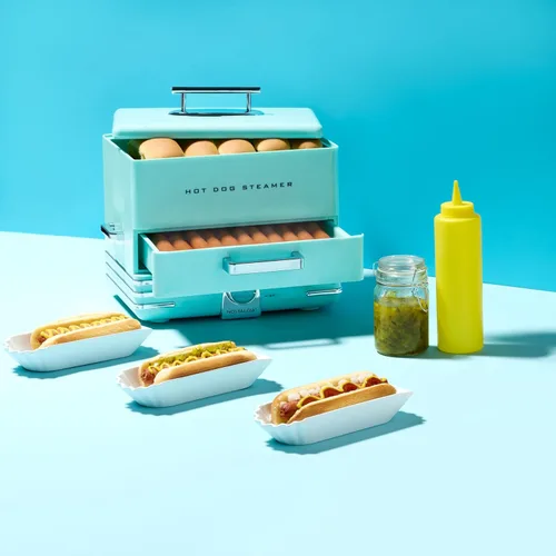 Vista 8 de Nostalgia vaporera extra grande estilo comedor, capacidad para 20 perros calientes y 6 panes, perfecta para salchichas de desayuno, bratwursts