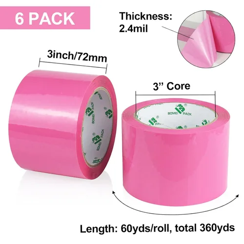 Vista 3 de BOMEI PACK Cinta de embalaje rosa de 3 pulgadas de ancho, 6 rollos de repuesto de cinta de envío rosa para embalaje, mudanza y almacenamiento, 2.4