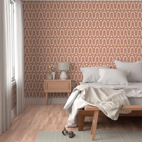 Vista 5 de Papel tapiz para despegar y pegar, diseño retro de mediados de siglo, líneas rosadas y marrones, decoración del hogar, olas, papel tapiz extraíble
