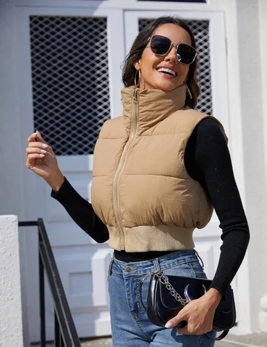 Vista 4 de Dqbeng Chaleco acolchado de moda para mujer, con cremallera completa, sin mangas, con relleno