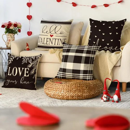 Vista 2 de AVOIN colorlife Juego de 4 fundas de almohada de amor en blanco y negro para el día de San Valentín, 20 x 20 pulgadas, diseño a cuadros de Hello