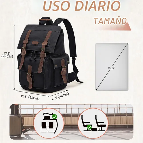 Vista 3 de Kattee Mochila de lona de cuero para hombre, mochila grande para escuela Negro