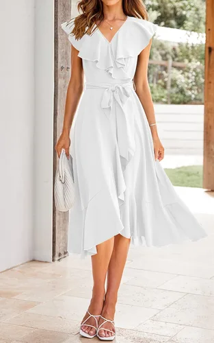 Vista 2 de PRETTYGARDEN - Verano 2024, vestido cruzado por debajo de la rodilla para mujer, con cuello en V profundo, estilo bohemio, floral, manga corta
