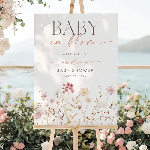 Vista 21 de Letrero de bienvenida personalizado de flores silvestres para baby shower, letrero floral bohemio para baby shower, letrero con nombre personalizado