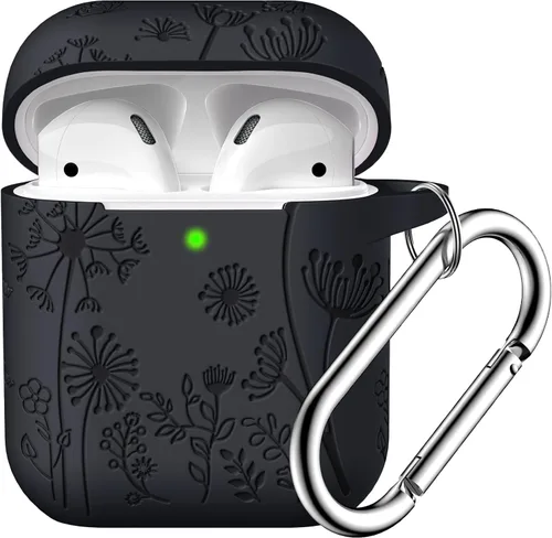 Vista 21 de Lerobo - Funda con grabado de flores para carcasa de AirPod, protector de silicona suave y elegante con llavero compatible con carcasa de carga