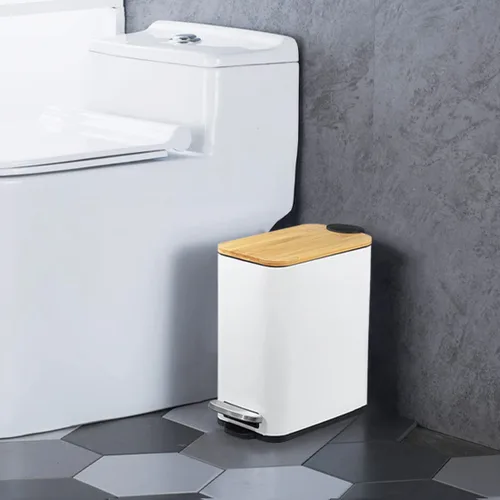 Vista 8 de SIDIANBAN Basurero de baño con tapa de bambú, cierre suave y pedal de pie, pequeño cubo de basura rectangular delgado con papelera