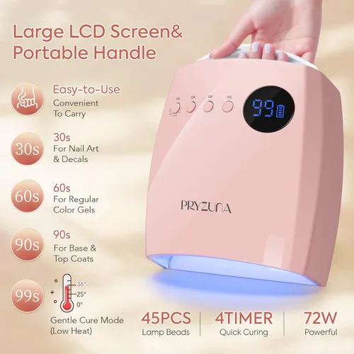 Vista 5 de Lámpara de uñas LED UV, luz UV inalámbrica de 72 W para uñas de gel con 45 Rosa
