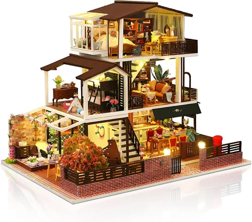 Vista 13 de Kit de casa en miniatura, pequeño restaurante japonés Sakura de madera 3D, kit de construcción de mini casa de muñecas con cubierta a prueba