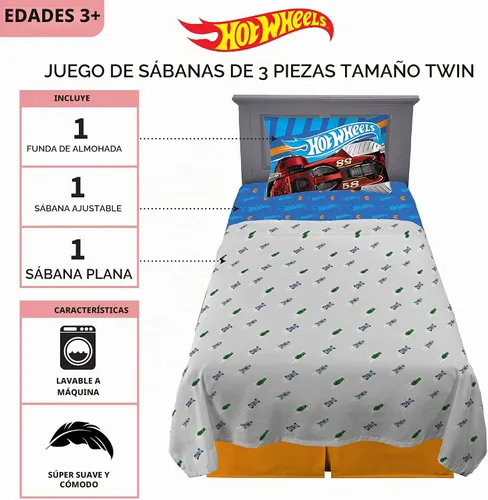 Vista 3 de Franco Ropa de cama para niños Juego de sábanas súper suaves, 3 piezas, tamaño individual, Hot Wheels