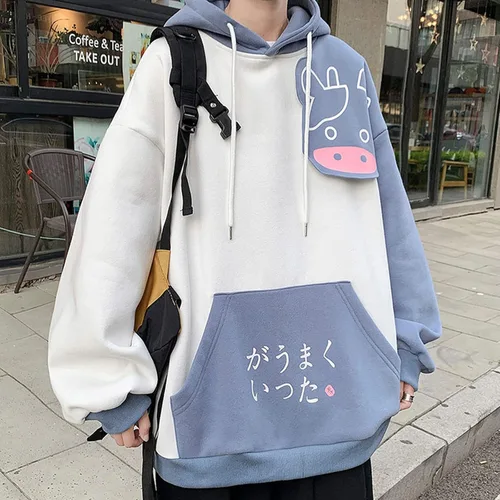 Vista 3 de Sudadera con capucha Kawaii de vaca de anime para hombres y mujeres, preppy Harajuku, letra japonesa, linda luz Academia Alt, dibujos animados
